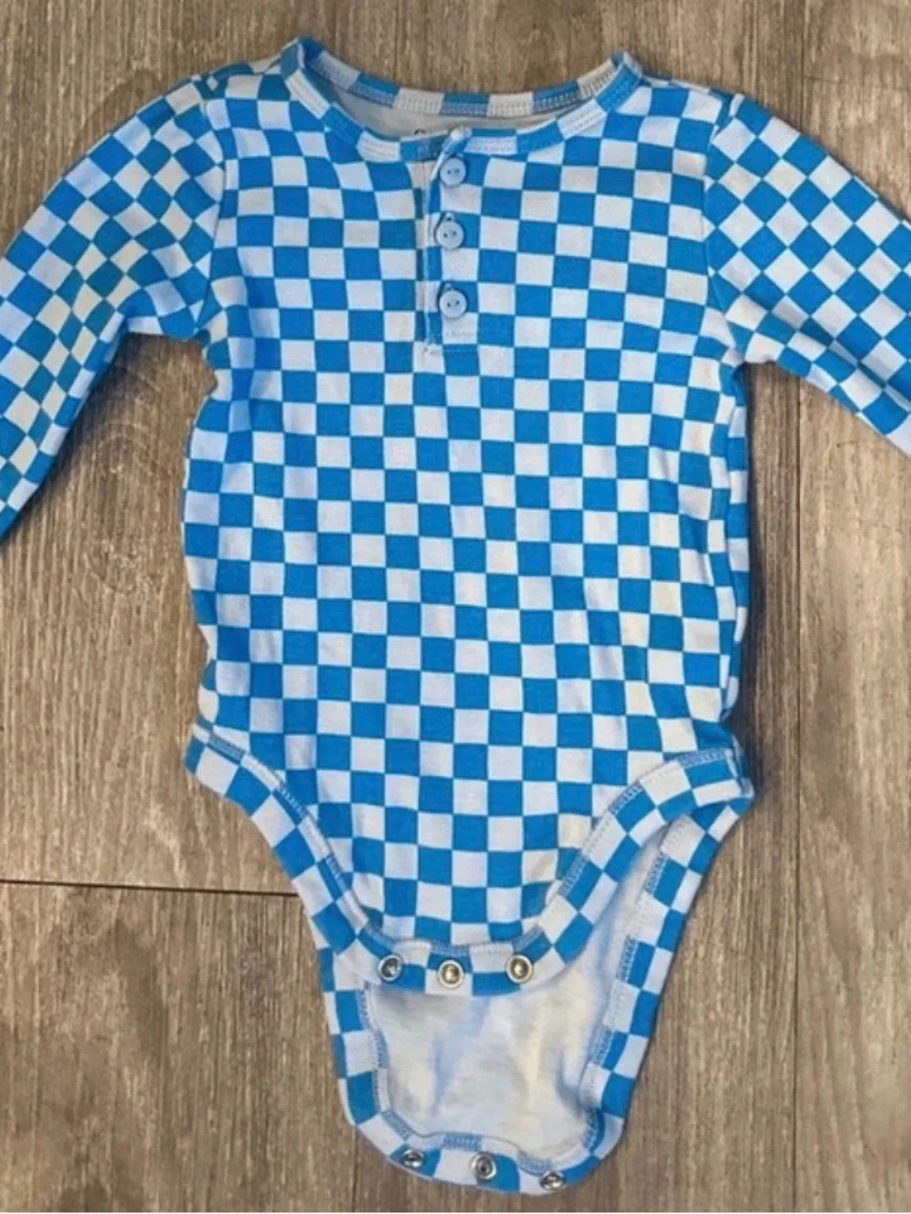 Old Navy Blue and White Checkered Long-Sleeve Baby One-Piece 6-12m